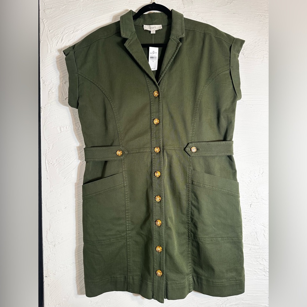 LOFT Dark Green Mini Dress with Gold Buttons